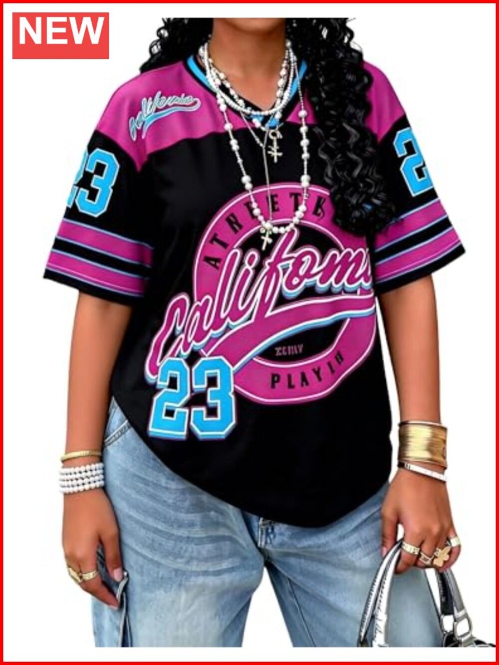 Oversized Graphic Number Tee, V-Neck Short Sleeve Streetwear